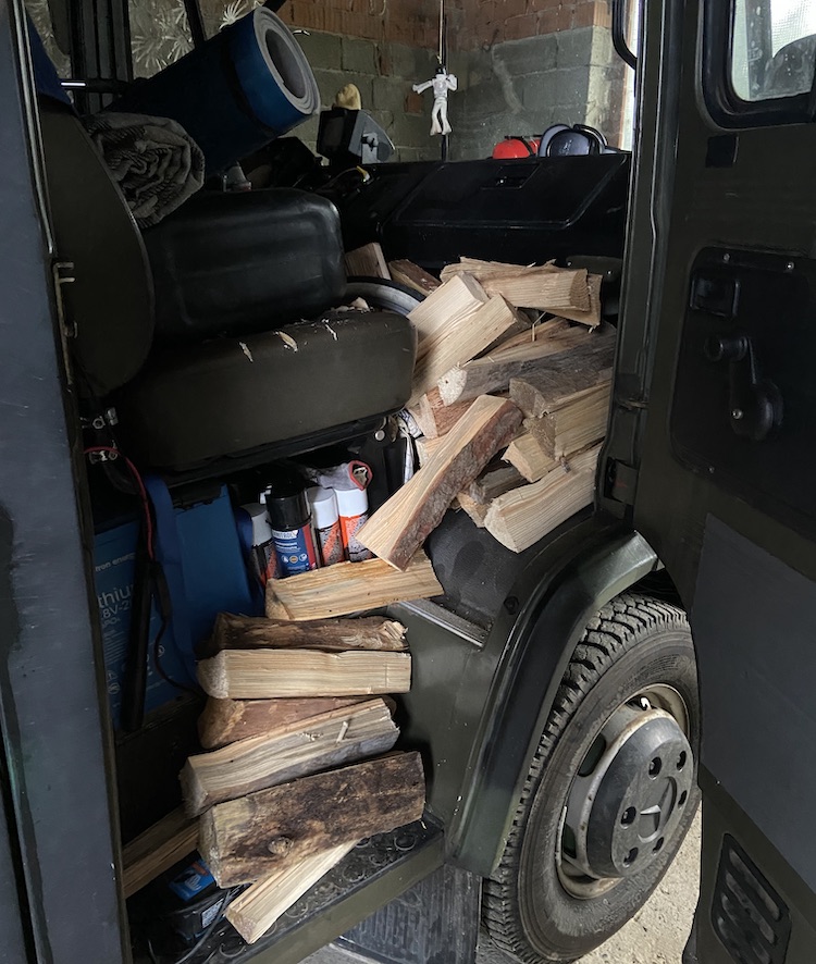 Van loaded with wood