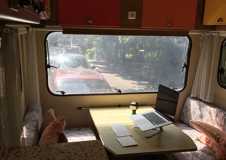 Working in the mobile office in front of my house