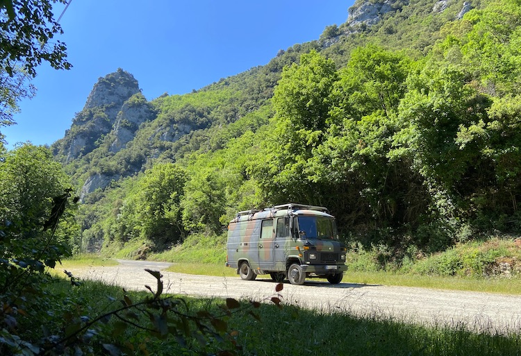 Van parked next to the road between Gesse and Axat