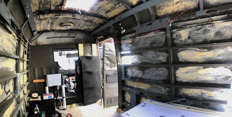 Glass wool and glue in the van