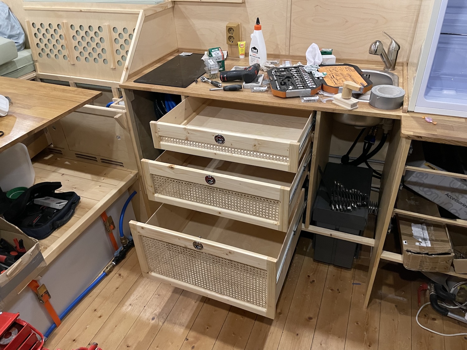 Finished drawers with installed locks