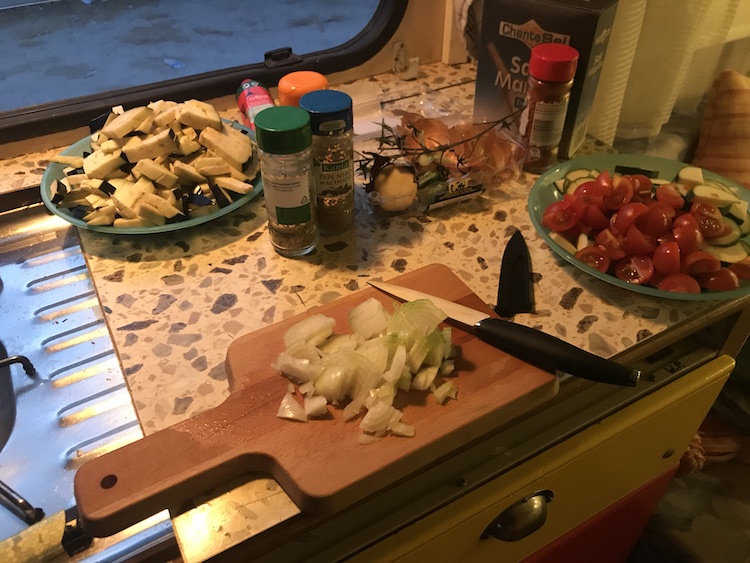 Preparing a meal in my van