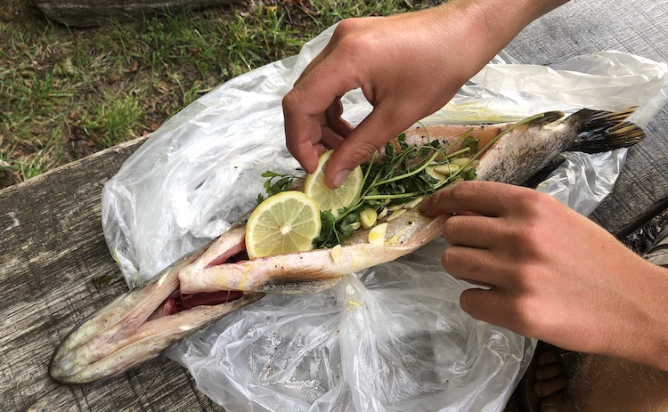 Pike stuffed with garlic, lemon, herbs and olive oil